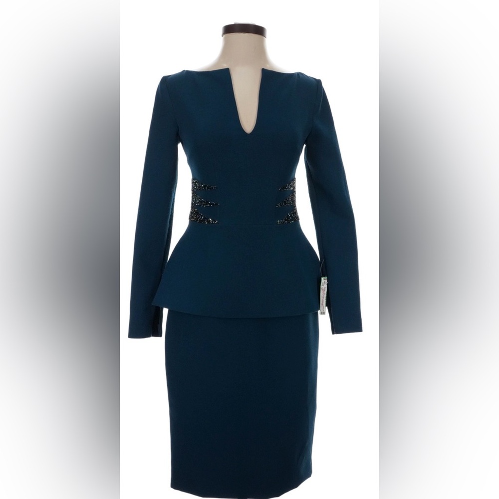 Elegant Teal Long Sleeve Dress with Black Accents